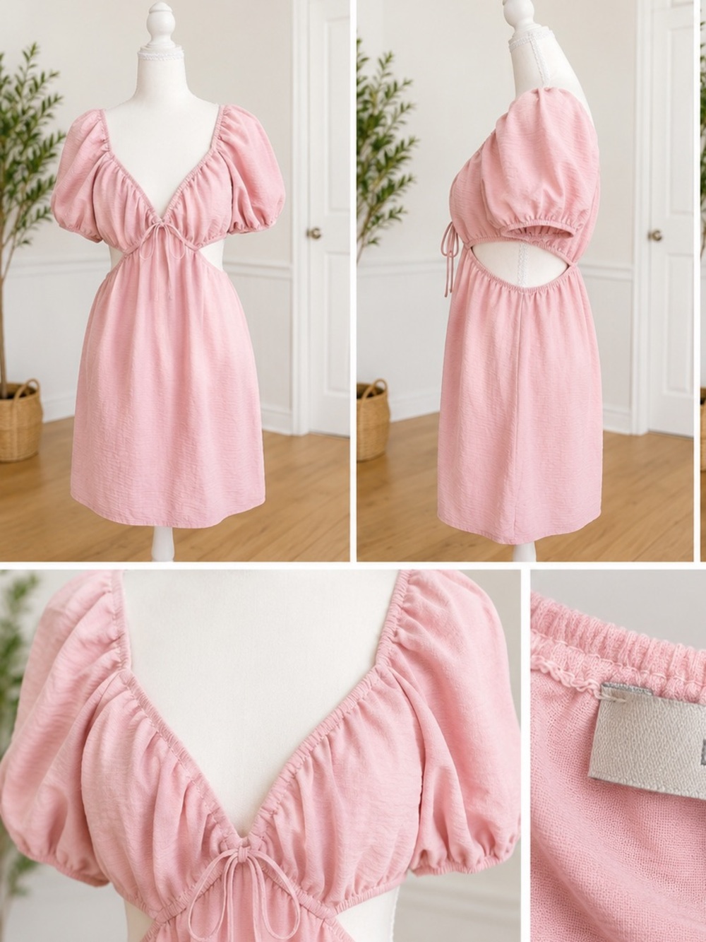 Love Tree Blush Pink Puff Sleeve Cutout Mini Dress